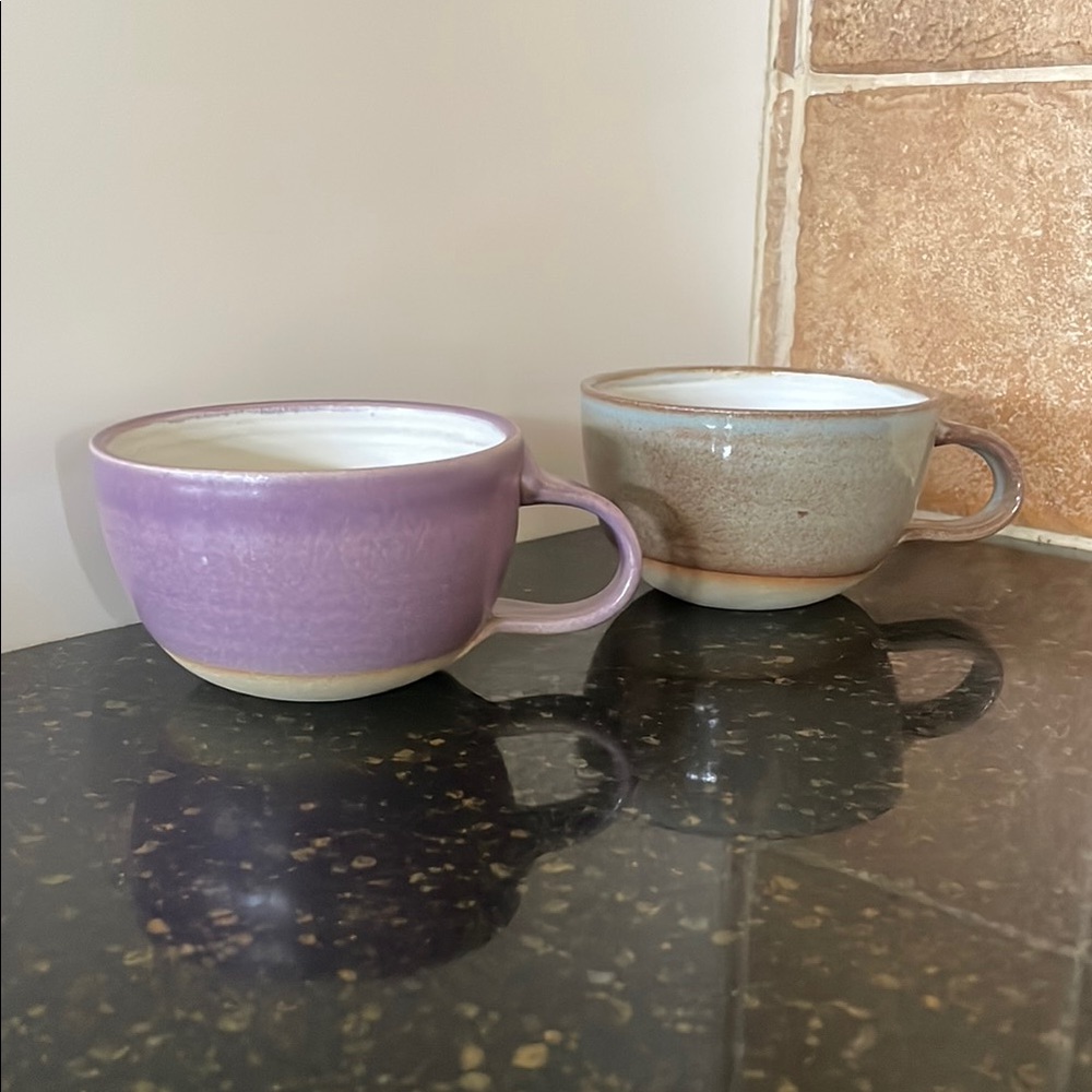 Set of Two Studio Pottery Mugs Purple and Blue/Brown  Ceramic 8 ounce capacity